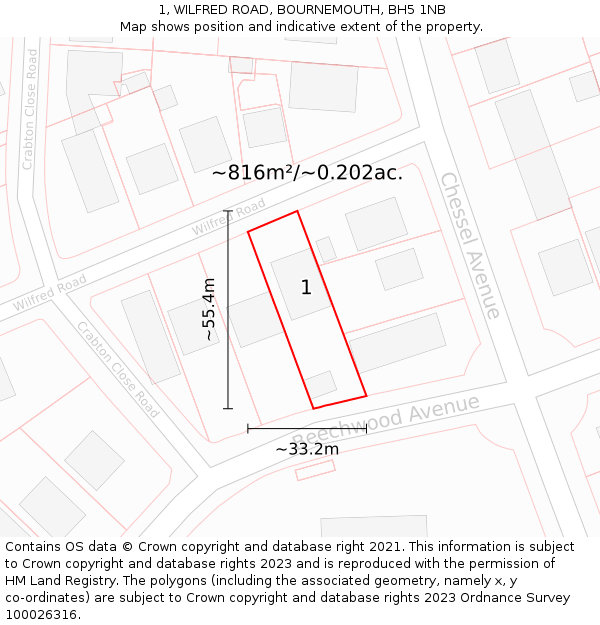 1, WILFRED ROAD, BOURNEMOUTH, BH5 1NB: Plot and title map