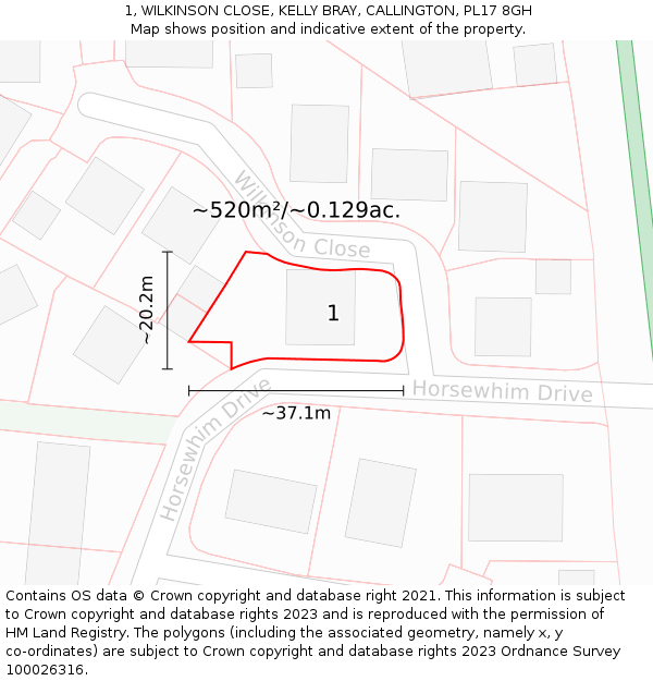 1, WILKINSON CLOSE, KELLY BRAY, CALLINGTON, PL17 8GH: Plot and title map