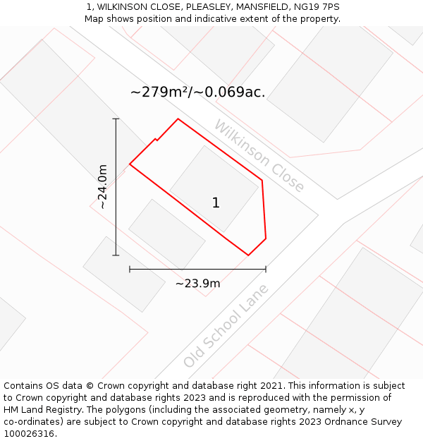 1, WILKINSON CLOSE, PLEASLEY, MANSFIELD, NG19 7PS: Plot and title map