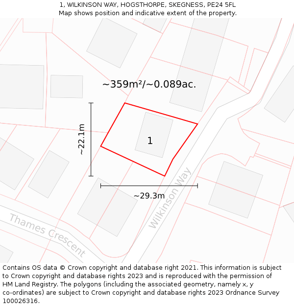 1, WILKINSON WAY, HOGSTHORPE, SKEGNESS, PE24 5FL: Plot and title map