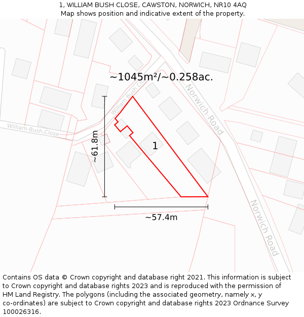 1, WILLIAM BUSH CLOSE, CAWSTON, NORWICH, NR10 4AQ: Plot and title map