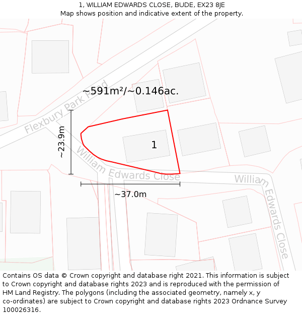 1, WILLIAM EDWARDS CLOSE, BUDE, EX23 8JE: Plot and title map