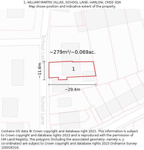 1, WILLIAM MARTIN VILLAS, SCHOOL LANE, HARLOW, CM20 3QA: Plot and title map