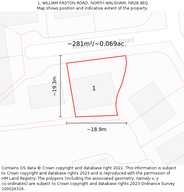 1, WILLIAM PASTON ROAD, NORTH WALSHAM, NR28 9EQ: Plot and title map