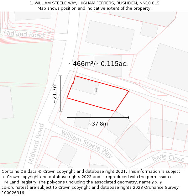 1, WILLIAM STEELE WAY, HIGHAM FERRERS, RUSHDEN, NN10 8LS: Plot and title map