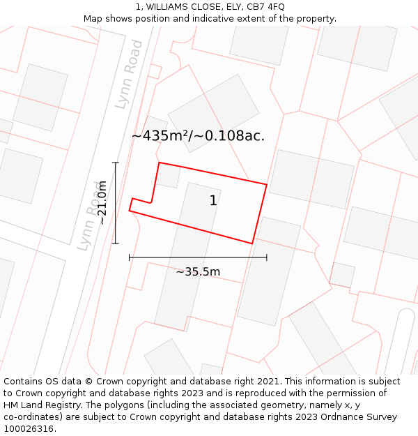 1, WILLIAMS CLOSE, ELY, CB7 4FQ: Plot and title map