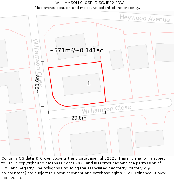 1, WILLIAMSON CLOSE, DISS, IP22 4DW: Plot and title map