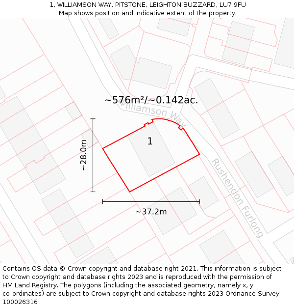 1, WILLIAMSON WAY, PITSTONE, LEIGHTON BUZZARD, LU7 9FU: Plot and title map