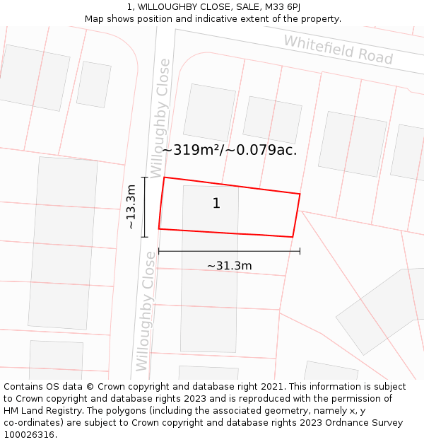 1, WILLOUGHBY CLOSE, SALE, M33 6PJ: Plot and title map
