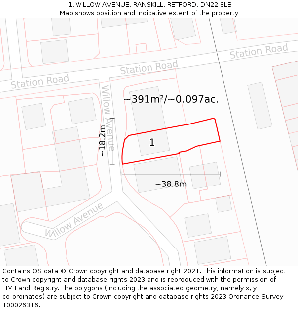 1, WILLOW AVENUE, RANSKILL, RETFORD, DN22 8LB: Plot and title map