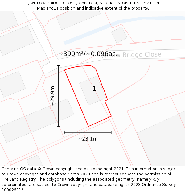 1, WILLOW BRIDGE CLOSE, CARLTON, STOCKTON-ON-TEES, TS21 1BF: Plot and title map