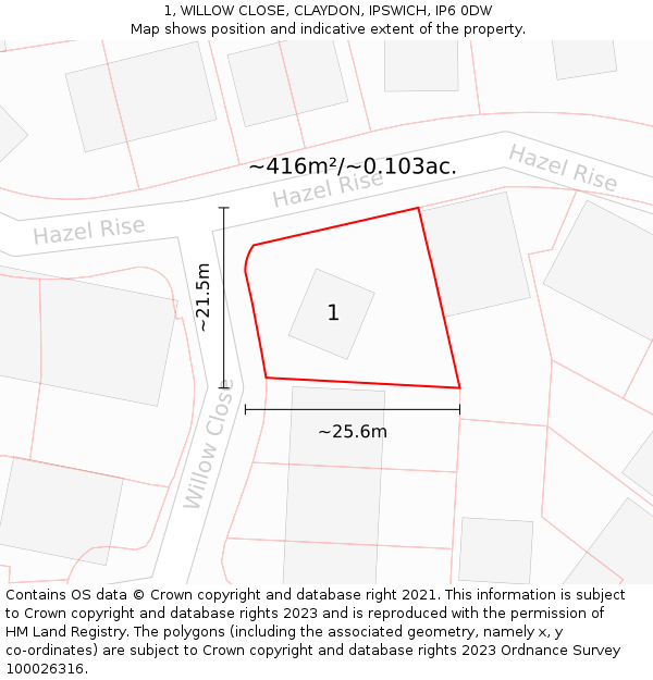 1, WILLOW CLOSE, CLAYDON, IPSWICH, IP6 0DW: Plot and title map