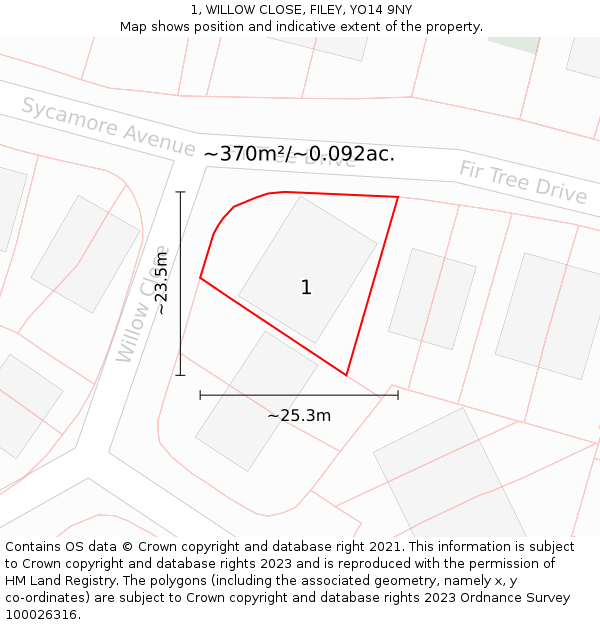 1, WILLOW CLOSE, FILEY, YO14 9NY: Plot and title map