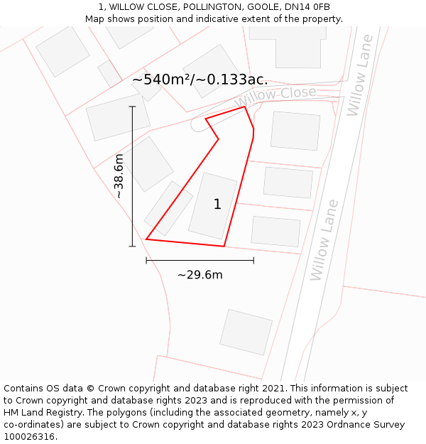 1, WILLOW CLOSE, POLLINGTON, GOOLE, DN14 0FB: Plot and title map