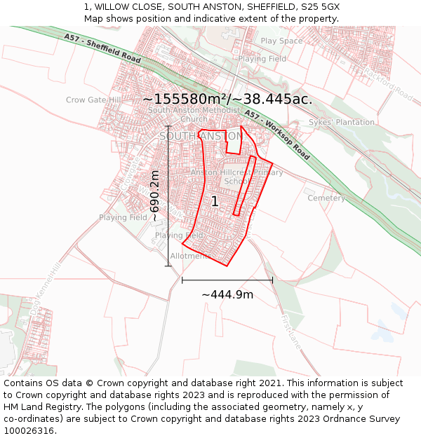 1, WILLOW CLOSE, SOUTH ANSTON, SHEFFIELD, S25 5GX: Plot and title map