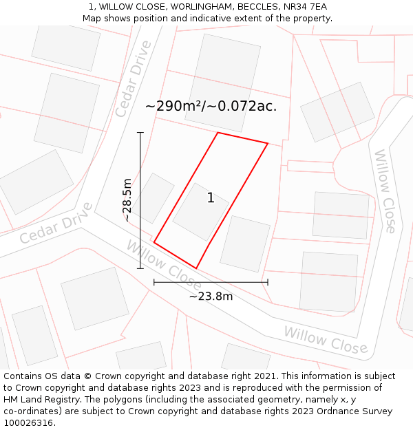 1, WILLOW CLOSE, WORLINGHAM, BECCLES, NR34 7EA: Plot and title map