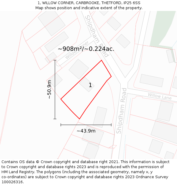 1, WILLOW CORNER, CARBROOKE, THETFORD, IP25 6SS: Plot and title map