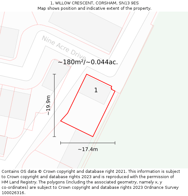 1, WILLOW CRESCENT, CORSHAM, SN13 9ES: Plot and title map