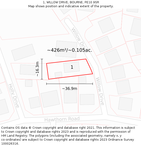 1, WILLOW DRIVE, BOURNE, PE10 9SR: Plot and title map