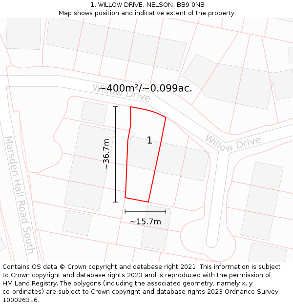 1, WILLOW DRIVE, NELSON, BB9 0NB: Plot and title map