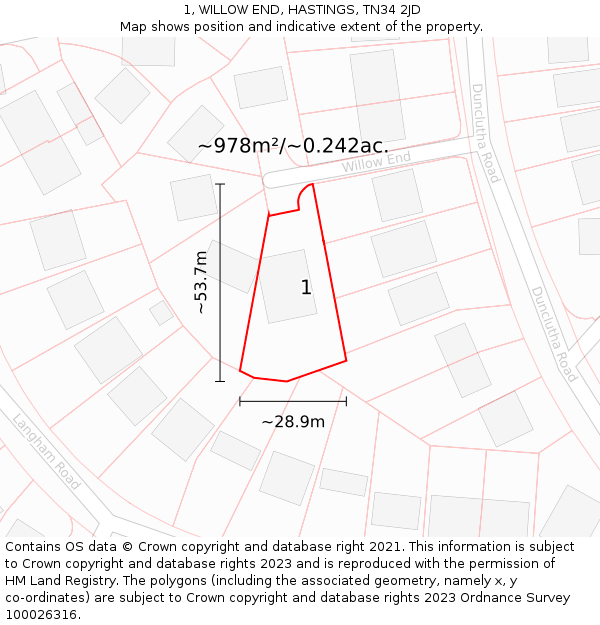 1, WILLOW END, HASTINGS, TN34 2JD: Plot and title map