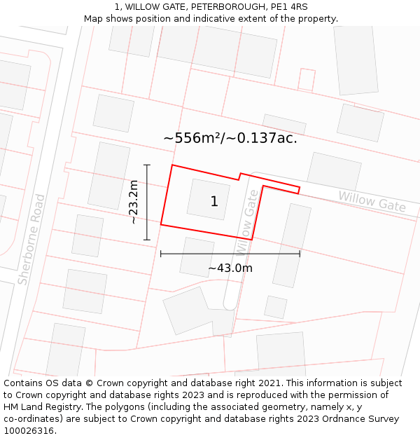 1, WILLOW GATE, PETERBOROUGH, PE1 4RS: Plot and title map