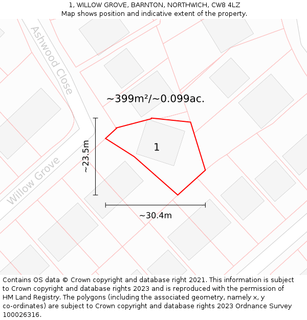 1, WILLOW GROVE, BARNTON, NORTHWICH, CW8 4LZ: Plot and title map