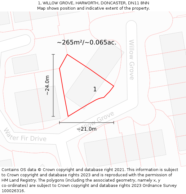 1, WILLOW GROVE, HARWORTH, DONCASTER, DN11 8NN: Plot and title map