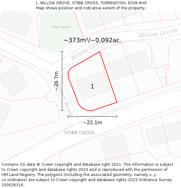 1, WILLOW GROVE, STIBB CROSS, TORRINGTON, EX38 8HX: Plot and title map