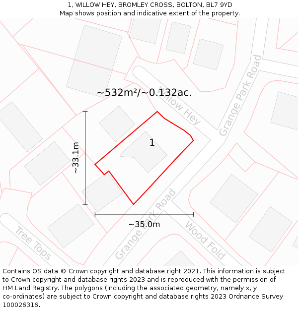 1, WILLOW HEY, BROMLEY CROSS, BOLTON, BL7 9YD: Plot and title map