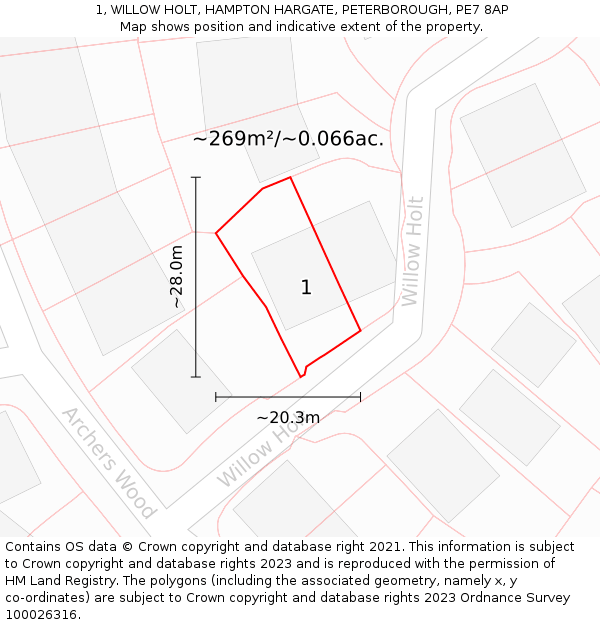 1, WILLOW HOLT, HAMPTON HARGATE, PETERBOROUGH, PE7 8AP: Plot and title map