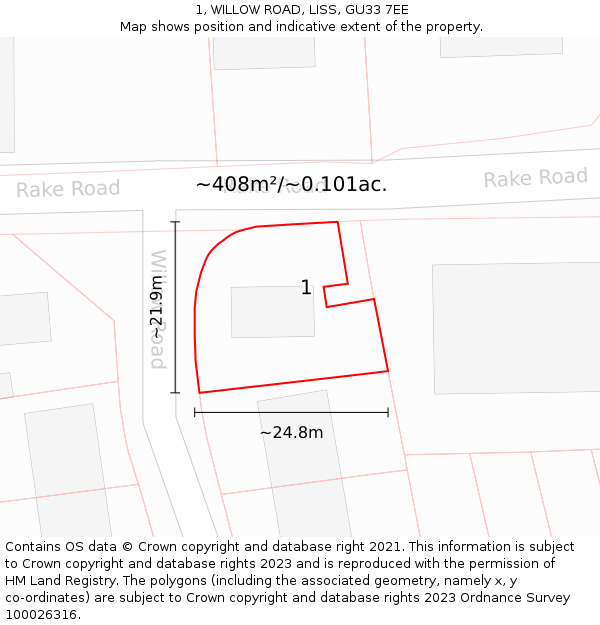 1, WILLOW ROAD, LISS, GU33 7EE: Plot and title map