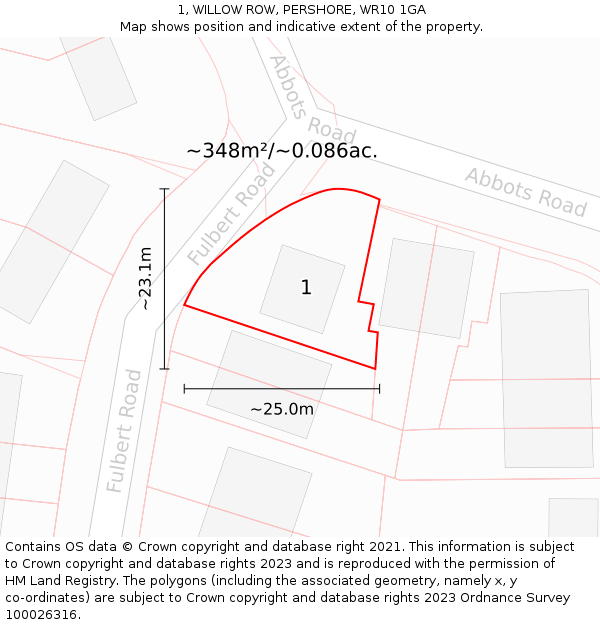 1, WILLOW ROW, PERSHORE, WR10 1GA: Plot and title map