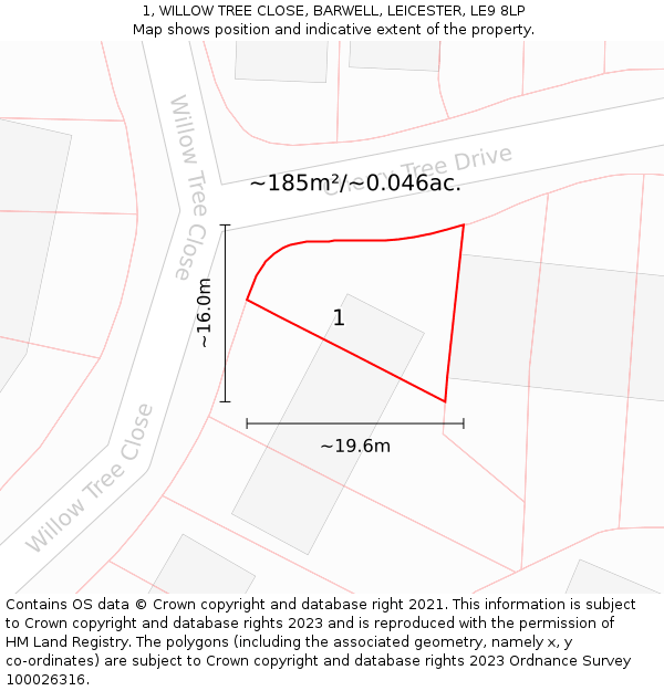 1, WILLOW TREE CLOSE, BARWELL, LEICESTER, LE9 8LP: Plot and title map
