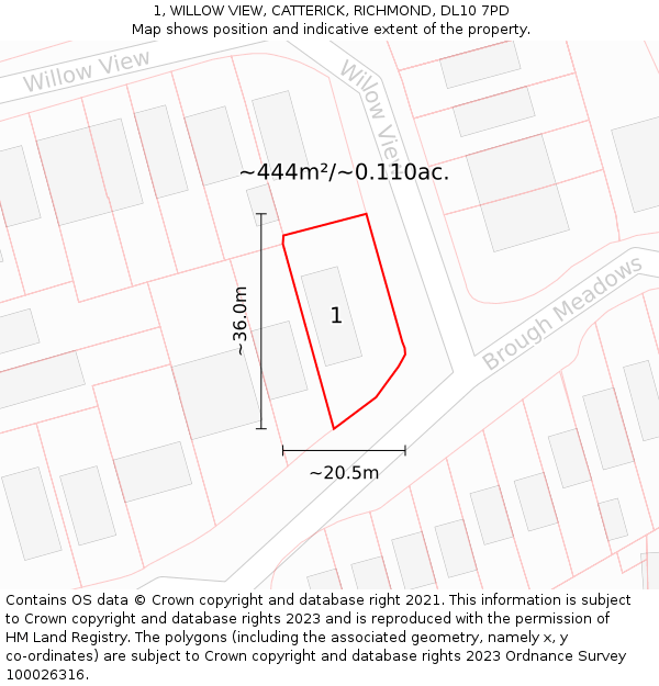 1, WILLOW VIEW, CATTERICK, RICHMOND, DL10 7PD: Plot and title map