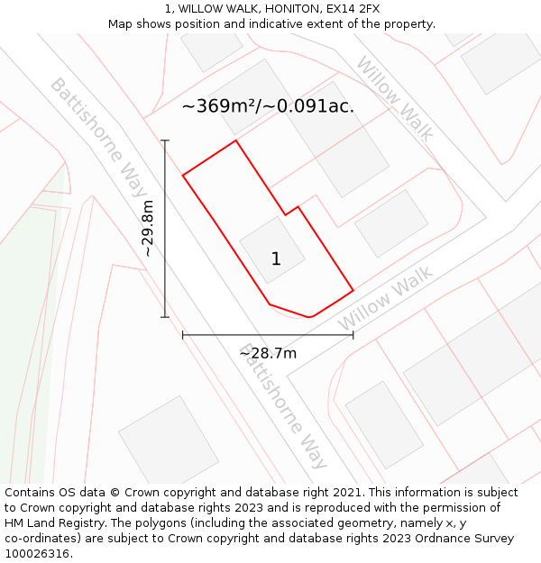 1, WILLOW WALK, HONITON, EX14 2FX: Plot and title map