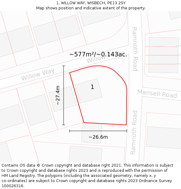1, WILLOW WAY, WISBECH, PE13 2SY: Plot and title map