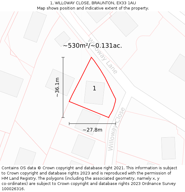 1, WILLOWAY CLOSE, BRAUNTON, EX33 1AU: Plot and title map