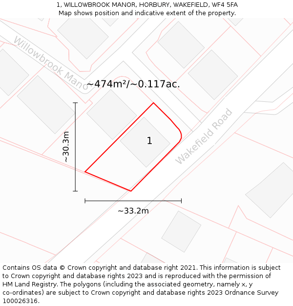1, WILLOWBROOK MANOR, HORBURY, WAKEFIELD, WF4 5FA: Plot and title map