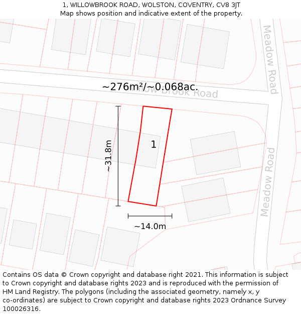 1, WILLOWBROOK ROAD, WOLSTON, COVENTRY, CV8 3JT: Plot and title map