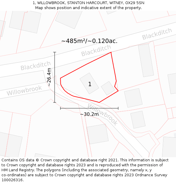1, WILLOWBROOK, STANTON HARCOURT, WITNEY, OX29 5SN: Plot and title map