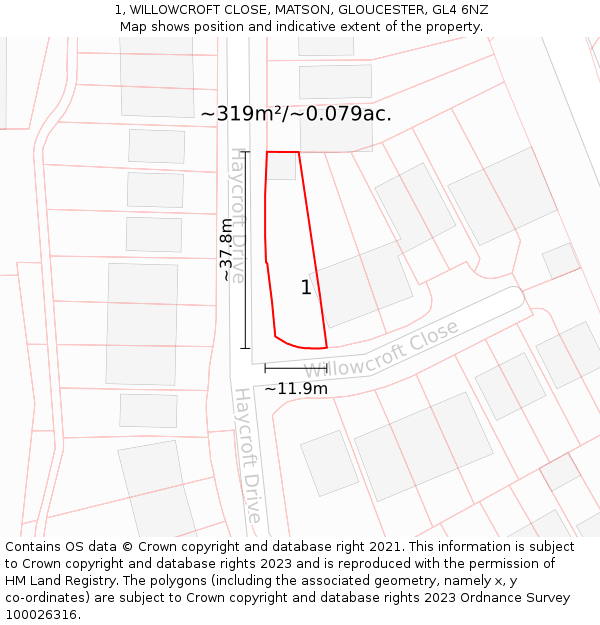 1, WILLOWCROFT CLOSE, MATSON, GLOUCESTER, GL4 6NZ: Plot and title map