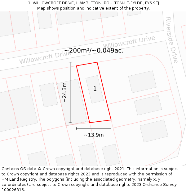 1, WILLOWCROFT DRIVE, HAMBLETON, POULTON-LE-FYLDE, FY6 9EJ: Plot and title map