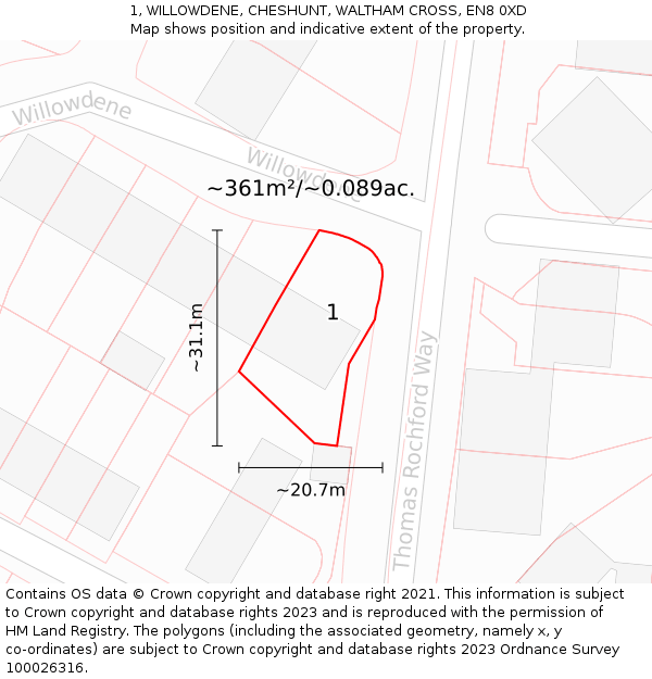 1, WILLOWDENE, CHESHUNT, WALTHAM CROSS, EN8 0XD: Plot and title map