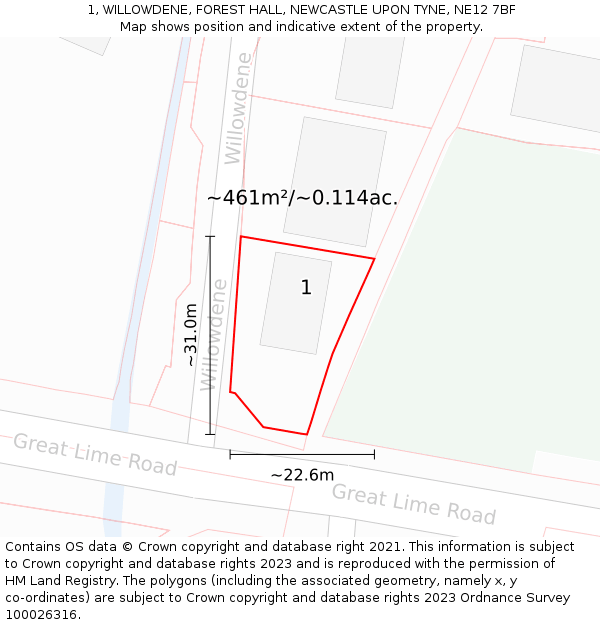 1, WILLOWDENE, FOREST HALL, NEWCASTLE UPON TYNE, NE12 7BF: Plot and title map