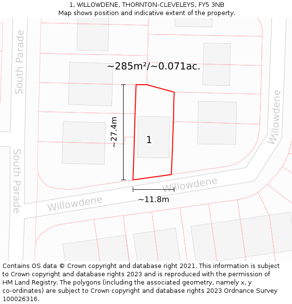 1, WILLOWDENE, THORNTON-CLEVELEYS, FY5 3NB: Plot and title map