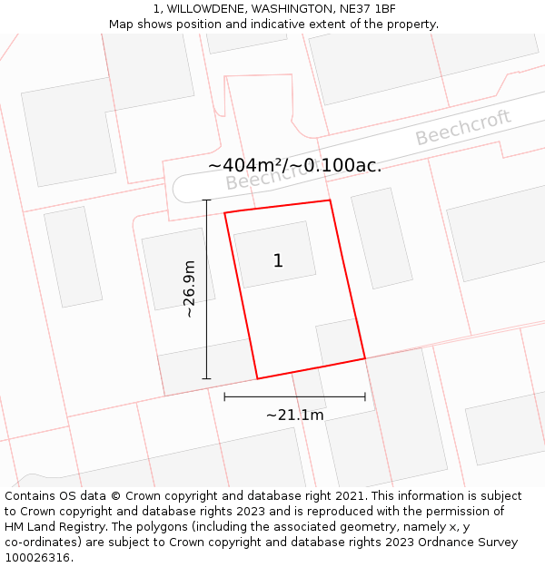 1, WILLOWDENE, WASHINGTON, NE37 1BF: Plot and title map