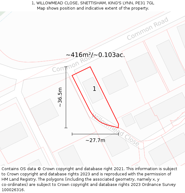 1, WILLOWMEAD CLOSE, SNETTISHAM, KING'S LYNN, PE31 7GL: Plot and title map