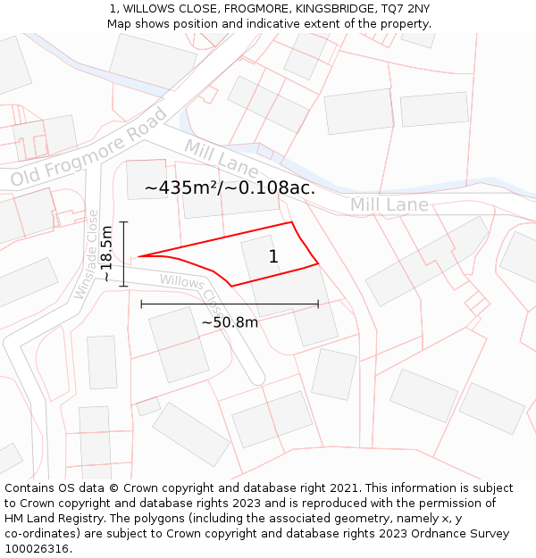 1, WILLOWS CLOSE, FROGMORE, KINGSBRIDGE, TQ7 2NY: Plot and title map