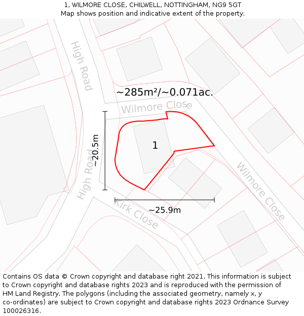 1, WILMORE CLOSE, CHILWELL, NOTTINGHAM, NG9 5GT: Plot and title map